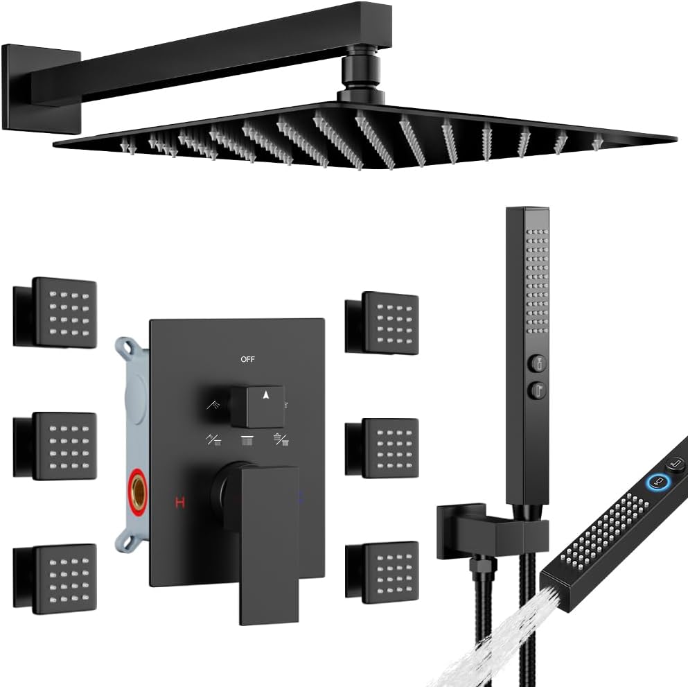 Matte Black Shower System with Body Jets, STARBATH 12 Inch Rainfall Shower and Handheld Spray, Wall Mounted Full Body Shower System Rough-in Mixer Pressure Balance Valve Shower Faucet Set Complete