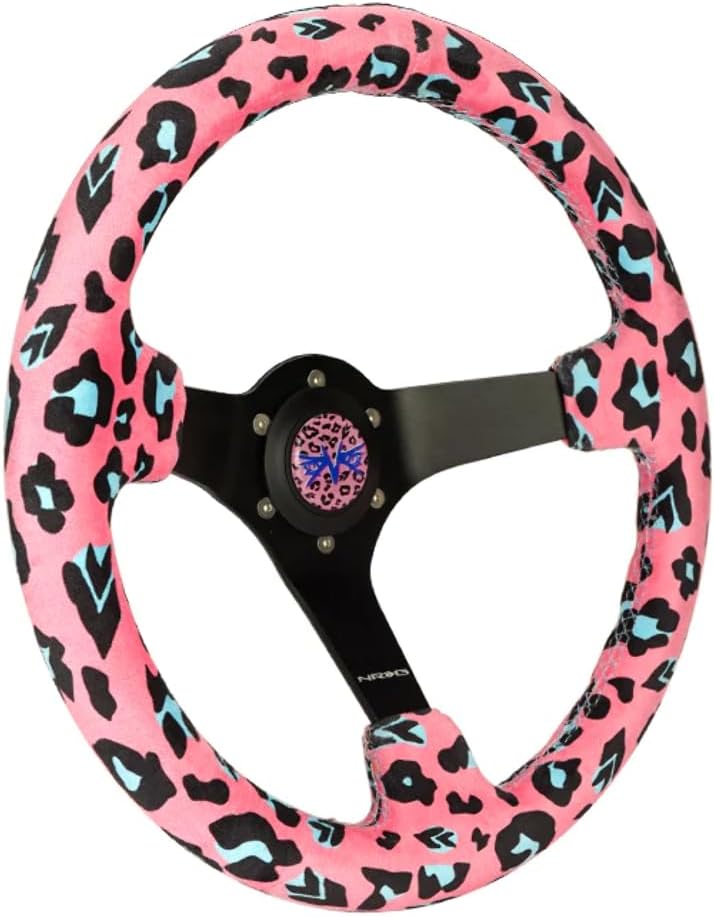 NRG Innovations NRG-RST-036MB-SV-PK Reinforced Sport Steering Wheel 350mm (3' deep) Savage Pink Leopard Printed Micro Fiber Vegan Material with Matte Black Spoke
