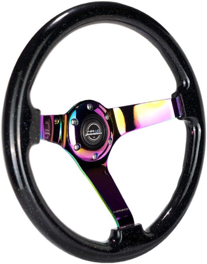 NRG Innovations NRG-RST-036BSB-MC Reinforced Steering Wheel - Classic Black Sparkled Wood Grain Wheel (3' Deep, 4mm), 350mm, 3 Solid Spoke Center in Neochrome