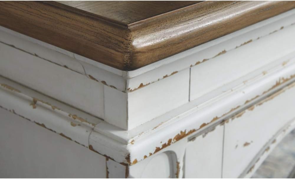 Signature Design by Ashley Realyn Farmhouse TV Stand with Fireplace Option Fits TVs up to 72', 2 Cabinet Doors and Adjustable Storage Shelf, White & Rustic Brown