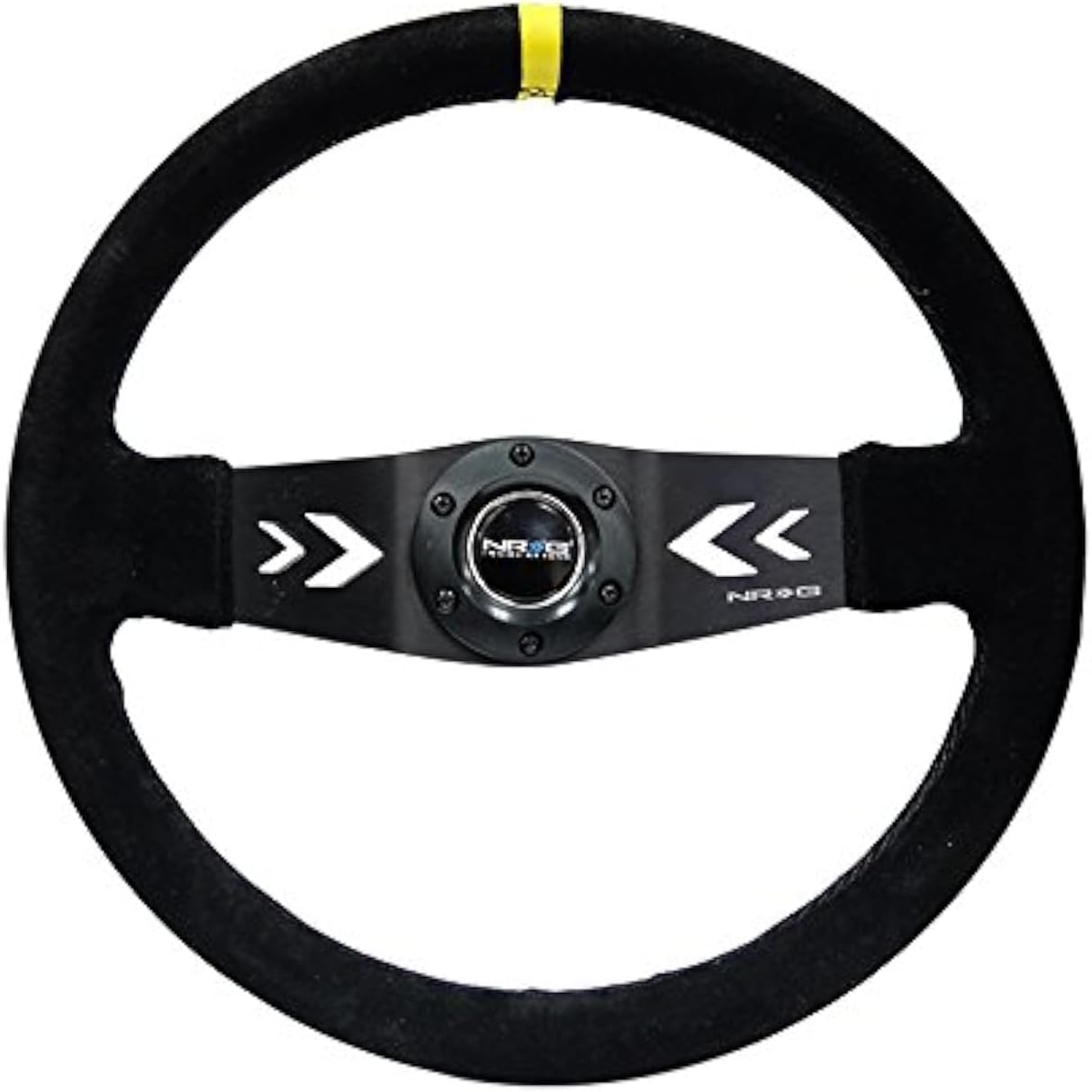 NRG Innovations NRG-RST-022S-Y Reinforced Steering Wheel NRG Arrow Cut Out Two Spoke 350mm Sport Stereing Wheel Suede (3' Deep) Black Suede, Yellow Center Marking,