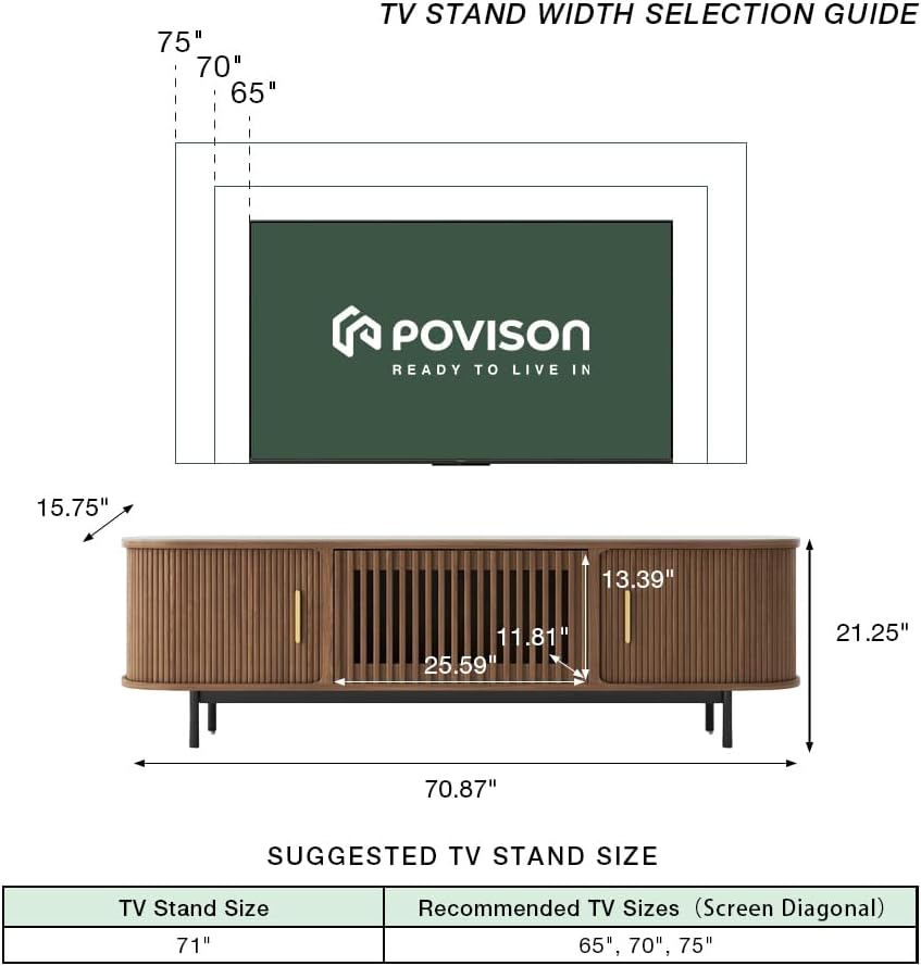 POVISON Fully-Assembled Sliding Tambour Door TV Stand, Mid Century Modern Sintered Stone TV Console, Wood Media Console for 70 Inch TV, Entertainment Center with Storage Cabinet(Walnut, 70.87')