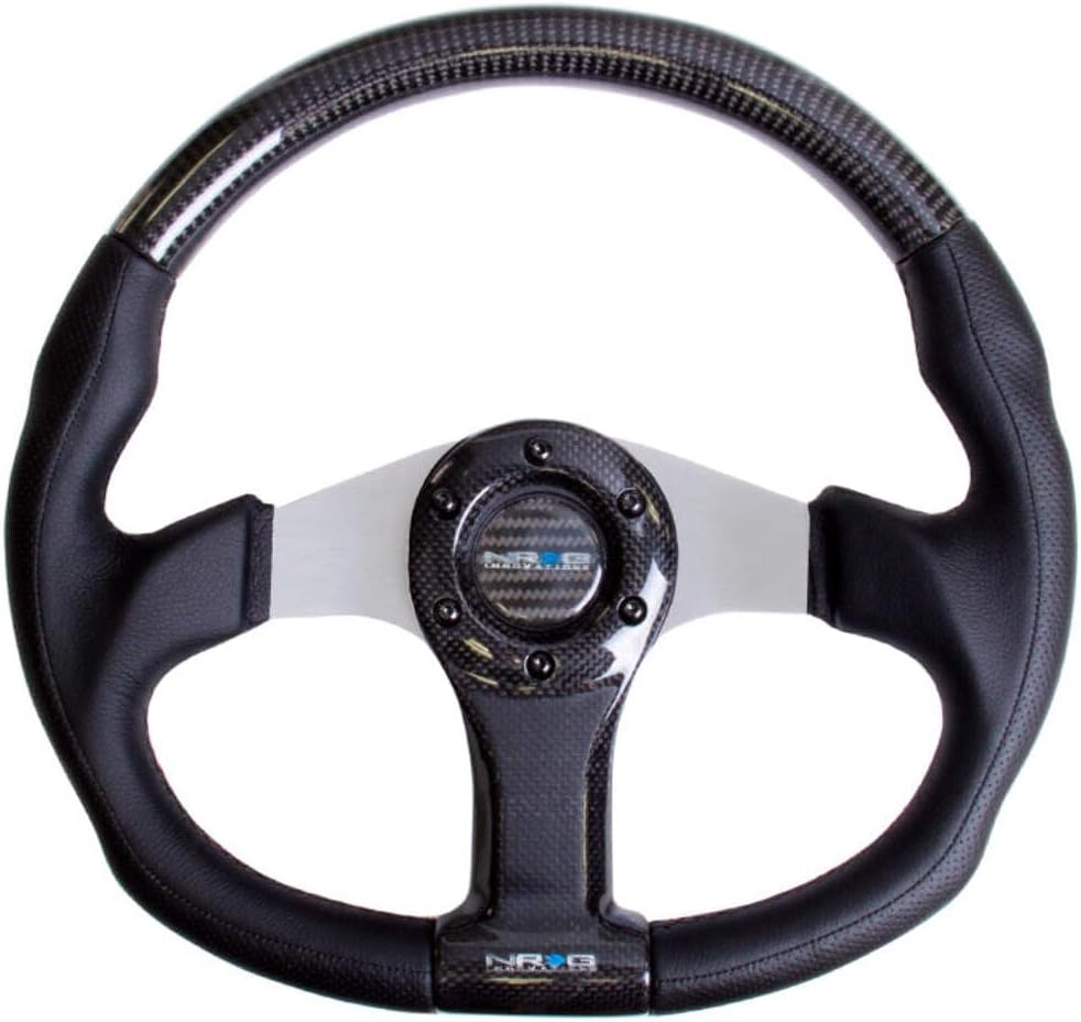 NRG Innovations NRG-ST-013CFSL Carbon Fiber Steering Wheel 350mm, Silver Oval Shape with Leather Trim