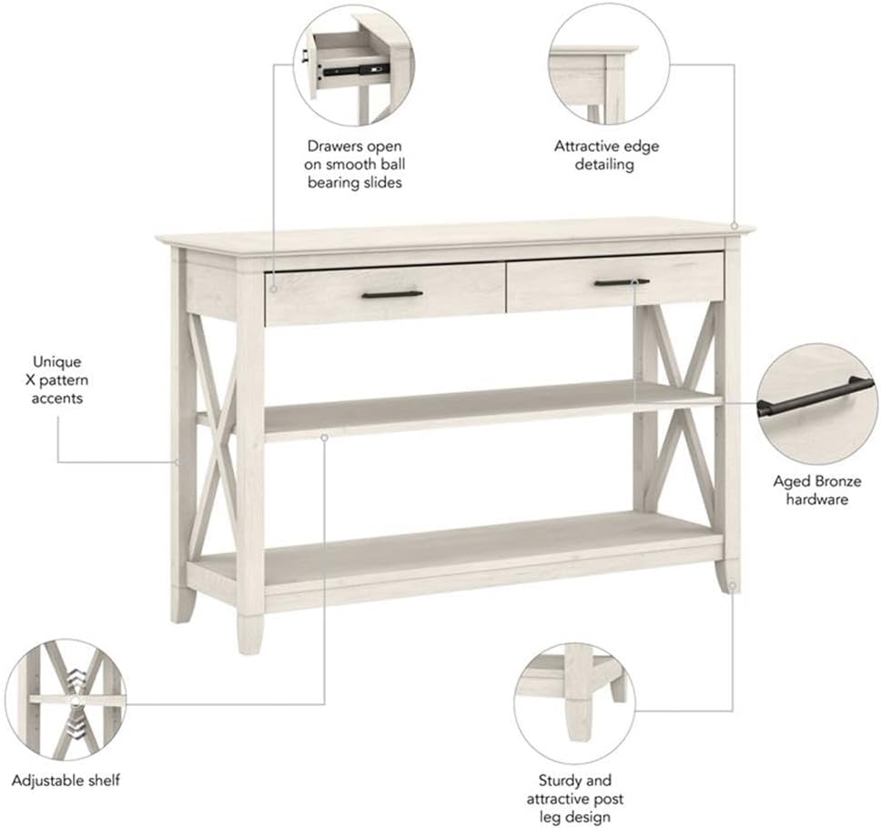 Bush Home Key West Console Table with Drawers and Shelves in Linen White Oak
