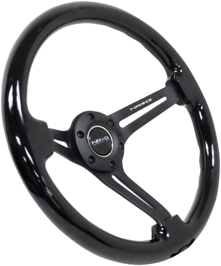 NRG Innovations NRG-RST-018BK-BK Reinforced Classic Wood Grain Steering Wheel, 75mm, 350mm, 3 Spoke Slotted Center Black With Black Painted Wood/Black Painted, Double Riveted Spokes + Horn
