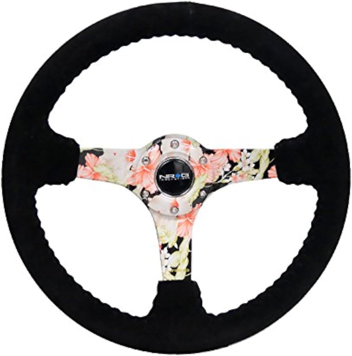 NRG Innovations NRG-RST-036FL-S Reinforced Steering Wheel - Hydro Dipped Tropical Floral 3' Deep, 5mm Spoke, 350mm Sport Steering Wheel Black Suede With Black Baseball Stitching