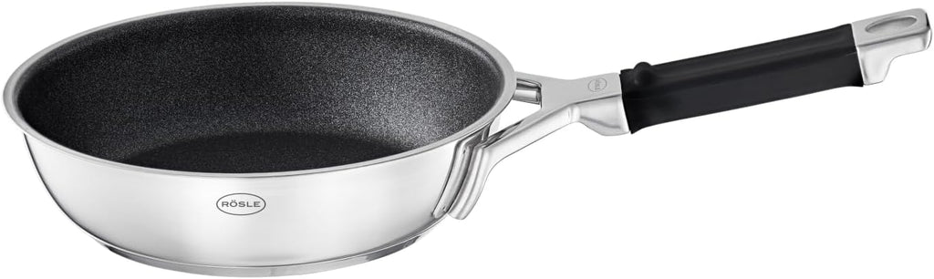 Rösle Silence Pro Frying Pan with Scratch-Resistant Premium Non-Stick Coating ProResist, Silicone Handle, 20 cm, 18/10 Stainless Steel, Suitable for Induction Cookers, Dishwasher Safe, Silver/Black