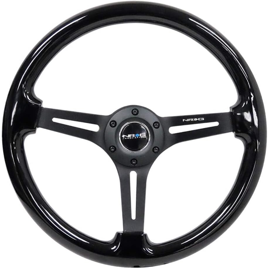 NRG Innovations NRG-RST-018BK-BK Reinforced Classic Wood Grain Steering Wheel, 75mm, 350mm, 3 Spoke Slotted Center Black With Black Painted Wood/Black Painted, Double Riveted Spokes + Horn