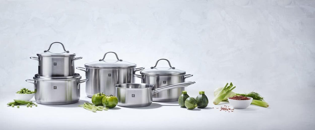 Zwilling Flow 5-Piece Cookware Set Glass Lids Suitable for Induction Cookers Dishwasher Safe Rust-Free 18/10 Stainless Steel