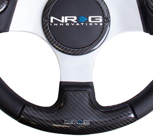 NRG Innovations NRG-ST-014CFSL Carbon Fiber Steering Wheel 350mm, Silver Frame Black Stitching with Rubber Cover Horn Button