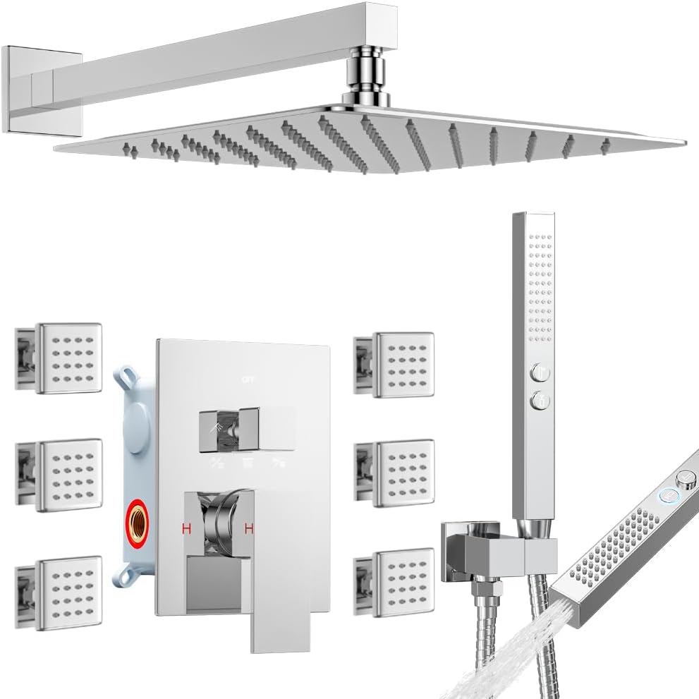 Shower System with 6 Body Jets, STARBATH 12 Inch Rainfall Shower and Handheld Spray, Wall Mounted Full Body Shower System Rough-in Mixer Pressure Balance Valve Shower Faucet Set Complete, Chrome