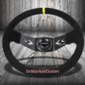NRG Black Suede Handle/Black 3.00' Deep Dish Arrow Cutout Dual-Spoke/Yellow Center Stripe 6-Bolt Steering Wheel