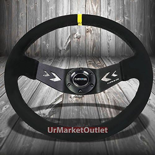 NRG Black Suede Handle/Black 3.00' Deep Dish Arrow Cutout Dual-Spoke/Yellow Center Stripe 6-Bolt Steering Wheel