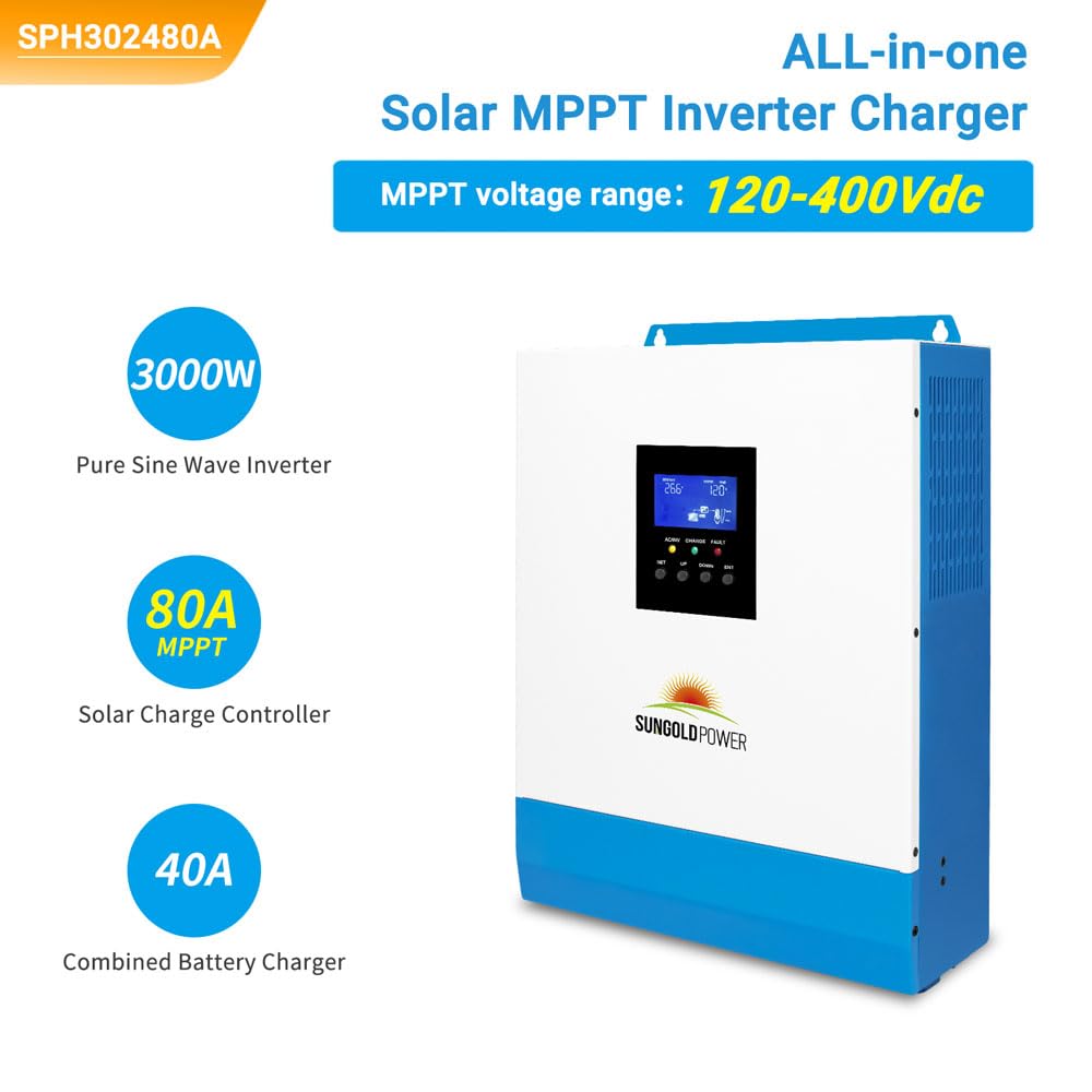 3000W DC 24V Pure Sine Wave Solar Inverter with 80A MPPT Solar Charger(MPPT voltage range 120V-400Vdc),40A AC Battery Charger,AC Output 120V Off grid Solar Inverter Manufactured by SunGoldPowerCo.,Ltd