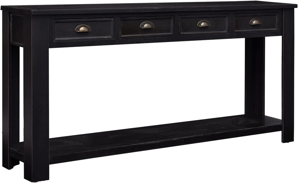 Kinfant Console Table for Entryway - 60' Long Rustic Sofa Table with 4 Drawers and Storage Shelf, Black