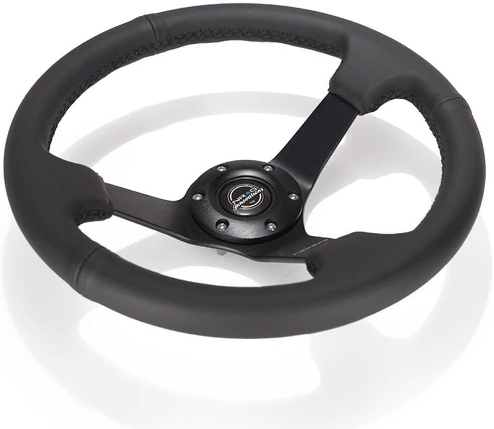 NRG Innovations NRG-RST-033BK-R Reinforced Steering Wheel 330mm Sport Leather Racing (3' Deep), Comfort Grip, 4mm Matte Black Spoke with Criss Cross Stitching