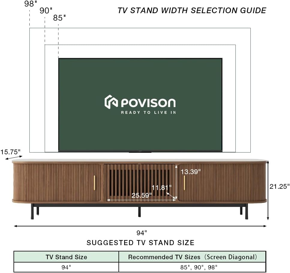 POVISON Fully-Assembled Sliding Tambour Door TV Stand, Mid Century Modern Sintered Stone TV Console, Wood Media Console for 85 Inch TV, Entertainment Center with Storage Cabinet(Walnut, 94.49')