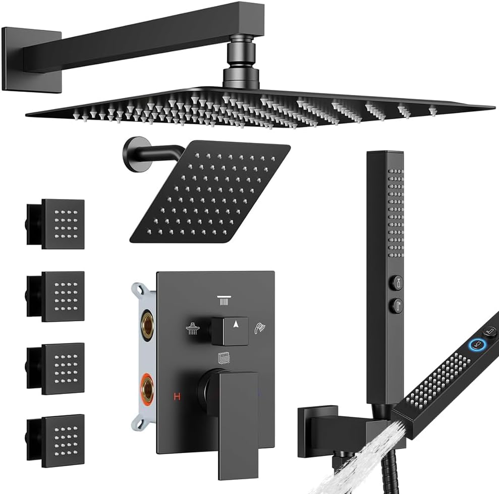 Shower Faucet Sets Matte Black Shower System,STARBATH 4 Way 12+6' Dual Head Shower Set Complete with 2 in 1 Handheld,Wall Mounted Rainfall Shower Head with 4 Body Spray Jets, Shower Jets System