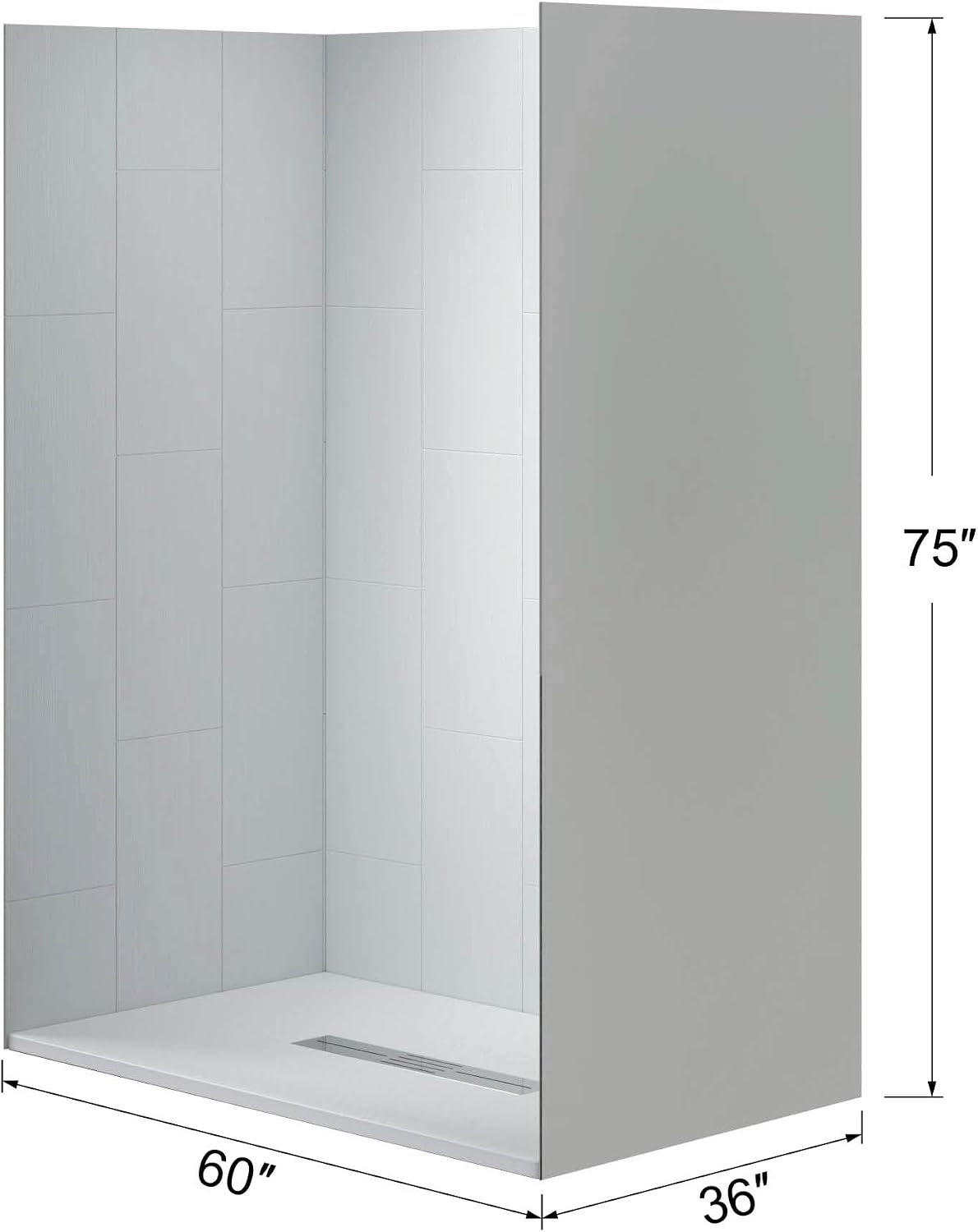 WOODBRIDGE 60 in. L x 36 in. W x 75 in. H Alcove Solid Surface Shower Combo Kits with Glue Up Shower Walls in Matte White and Curbless Shower Base with Center Drain in Black