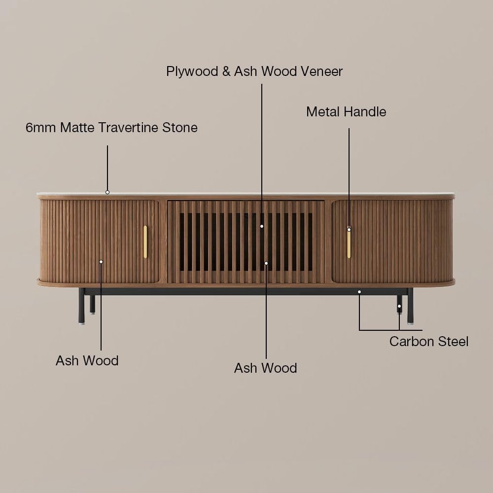 POVISON Fully-Assembled Sliding Tambour Door TV Stand, Mid Century Modern Sintered Stone TV Console, Wood Media Console for 75 Inch TV, Entertainment Center with Storage Cabinet (Walnut, 78.74')