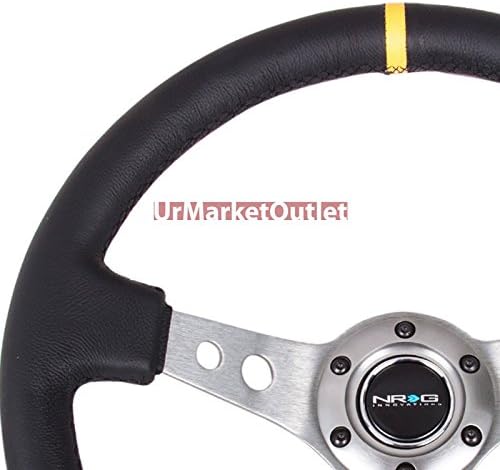 NRG Black Leather Handle/Gunmetal 3.00' Deep Dish Round Holes Tri-Spoke/Yellow Center Stripe 6-Bolt Steering Wheel