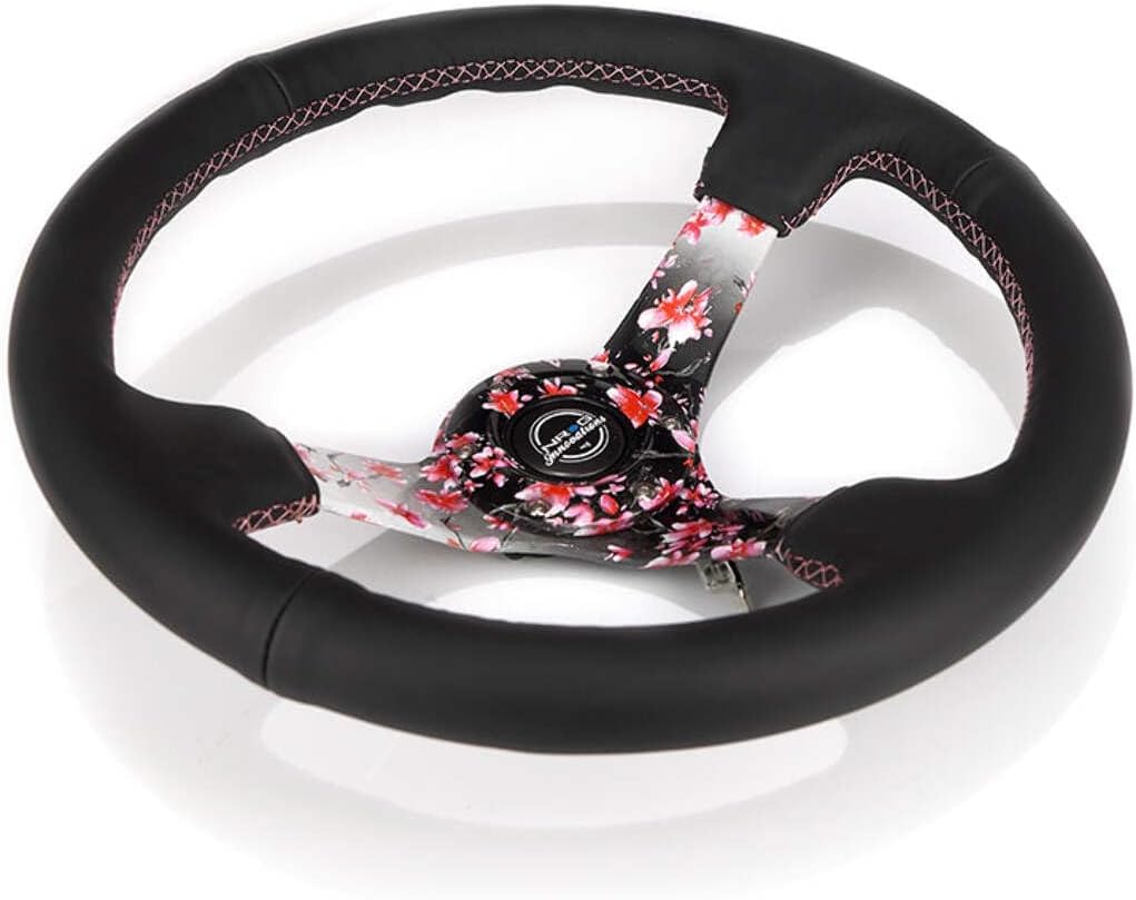 NRG Innovations NRG-RST-036SAK-R Reinforced Steering Wheel, Hydro Dipped Sakura Floral 3' Deep, 5mm Spoke, 350mm, Pink Suede with Black Baseball Stitching