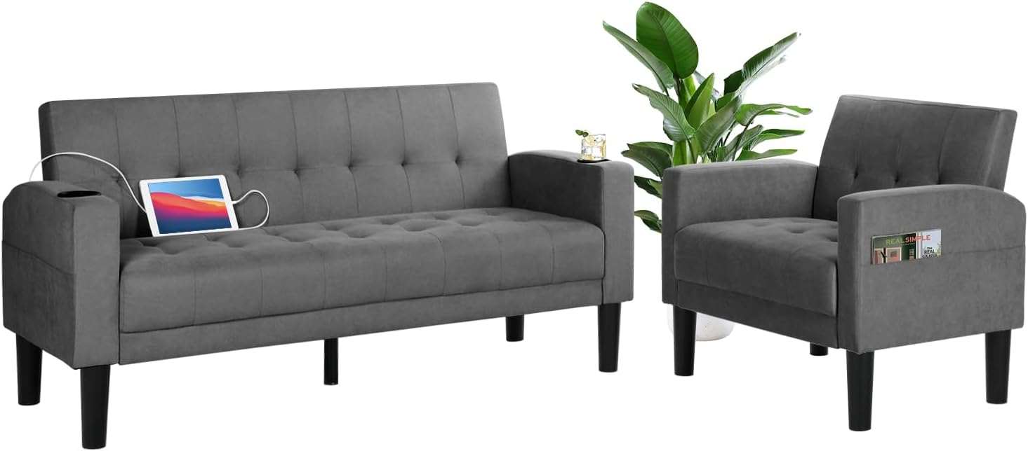 AILEEKISS 2 Piece Living Room Sofa Set 56' W Loveseat Sofas with 2 USB and Removable Armrests, Modern Fabric, 2 Pcs Sectional Couches Set for Apartment, Small Space, Dark Grey