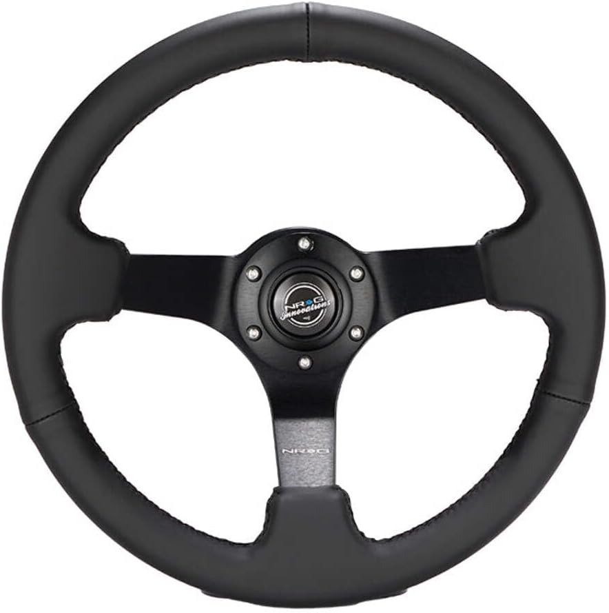 NRG Innovations NRG-RST-033BK-R Reinforced Steering Wheel 330mm Sport Leather Racing (3' Deep), Comfort Grip, 4mm Matte Black Spoke with Criss Cross Stitching