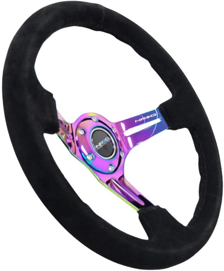 NRG Innovations NRG-RST-018S-MCBS Reinforced Steering Wheel 350mm 75mm Deep Sport Steering Wheel Suede (3' Deep) Black Stitch With Slits In Neochrome Double Riveted Spokes