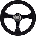NRG Innovations NRG-RST-033BK-S Reinforced Steering Wheel 330mm Diameter Sport Suede Racing (3' Deep) Comfort Grip, 4mm Matte Black Spoke With Criss Cross Stitching, Perforated Leather Or Suede