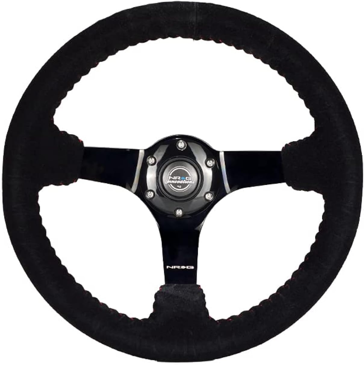 NRG Innovations NRG-RST-033BK-S Reinforced Steering Wheel 330mm Diameter Sport Suede Racing (3' Deep) Comfort Grip, 4mm Matte Black Spoke With Criss Cross Stitching, Perforated Leather Or Suede