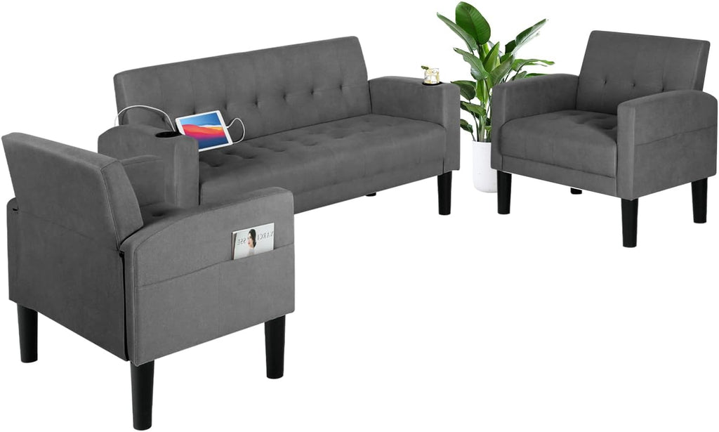 AILEEKISS 3 Piece Living Room Sofa Set Loveseat Sofas Sets with 2 USB,Cup Holders,Side Pocket,Modern Fabric 3 Pcs Sectional Couches Set for Apartment,Office,Bedroom (2-Seat+1-Seat+1-Seat, Dark Grey)
