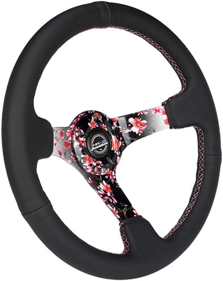 NRG Innovations NRG-RST-036SAK-R Reinforced Steering Wheel, Hydro Dipped Sakura Floral 3' Deep, 5mm Spoke, 350mm, Pink Suede with Black Baseball Stitching