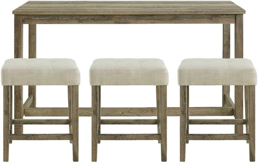 BOWERY HILL Wood Bar Table Set, Light Oak 3D Paper Finish, Includes Rectangular Table & 3 Upholstered Stools with Button Tufted Seats, USB Ports & Power Strip for Living Room or Nook, 60 in x 20 in x
