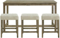 BOWERY HILL Wood Bar Table Set, Light Oak 3D Paper Finish, Includes Rectangular Table & 3 Upholstered Stools with Button Tufted Seats, USB Ports & Power Strip for Living Room or Nook, 60 in x 20 in x