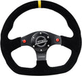 NRG Innovations NRG-RST-024D-MB-S-Y Reinforced Steering Wheel 320mm Sport Suede Dual Push Buttons Flat Bottom with Yellow Center Mark