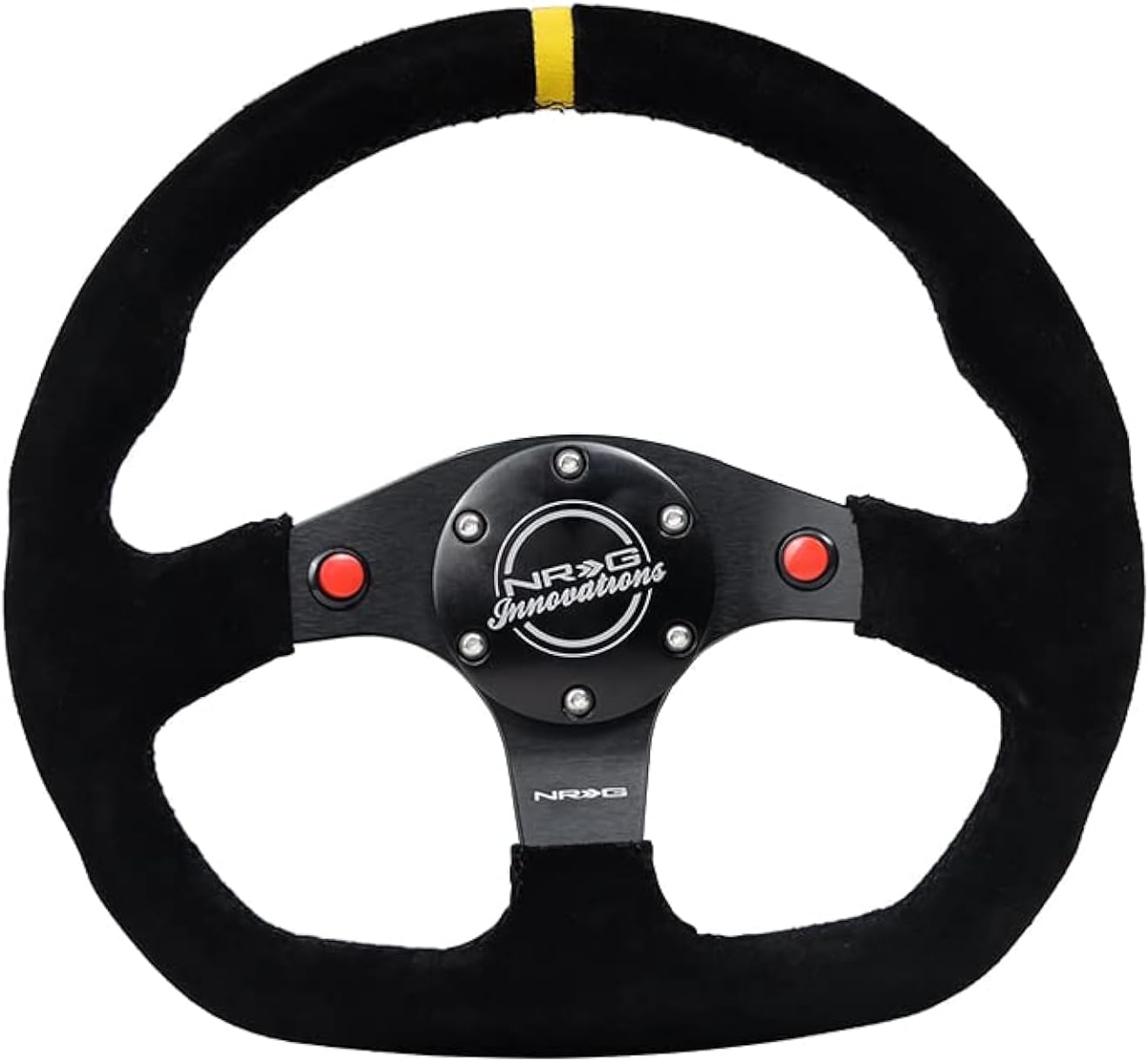 NRG Innovations NRG-RST-024D-MB-S-Y Reinforced Steering Wheel 320mm Sport Suede Dual Push Buttons Flat Bottom with Yellow Center Mark