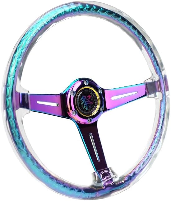 NRG Innovations NRG-RST-027MC-CL Reinforced Steering Wheel 350mm 2' Deep Dish Clear Acrylic Steering Wheel and NeoChrome Spoke Finish with Slits