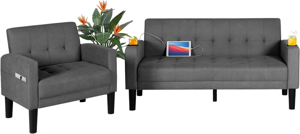 AILEEKISS 2 Piece Living Room Sofa Set 56' W Loveseat Sofas with 2 USB and Removable Armrests, Modern Fabric, 2 Pcs Sectional Couches Set for Apartment, Small Space, Dark Grey