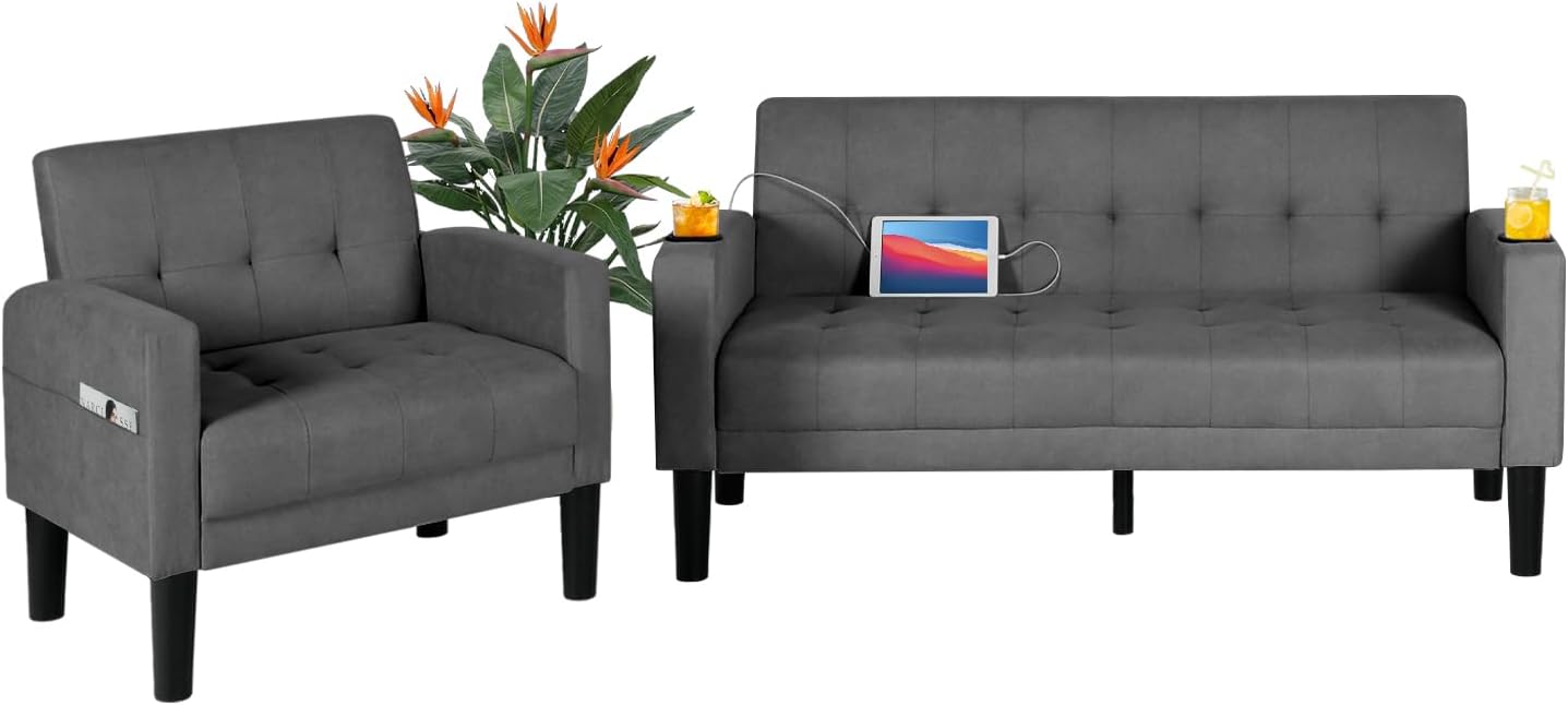 AILEEKISS 2 Piece Living Room Sofa Set 56' W Loveseat Sofas with 2 USB and Removable Armrests, Modern Fabric, 2 Pcs Sectional Couches Set for Apartment, Small Space, Dark Grey