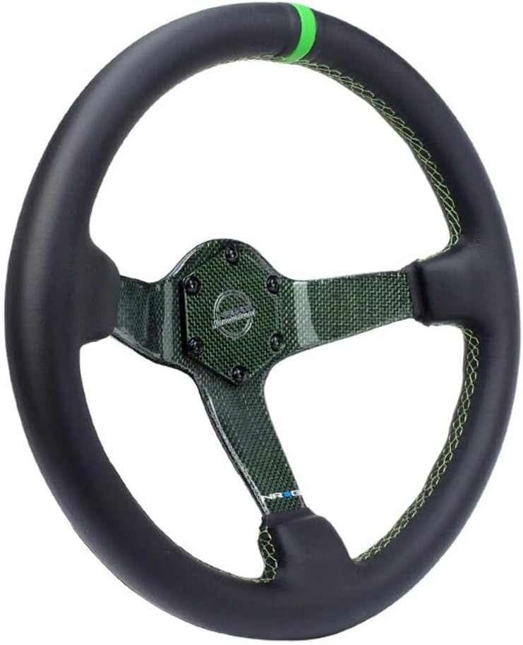 NRG Innovations NRG-RST-036CF-GN Carbon Fiber Steering Wheel 350mm Green Carbon Fiber, Green Stiching, Green Center Mark, Leather Wrapped
