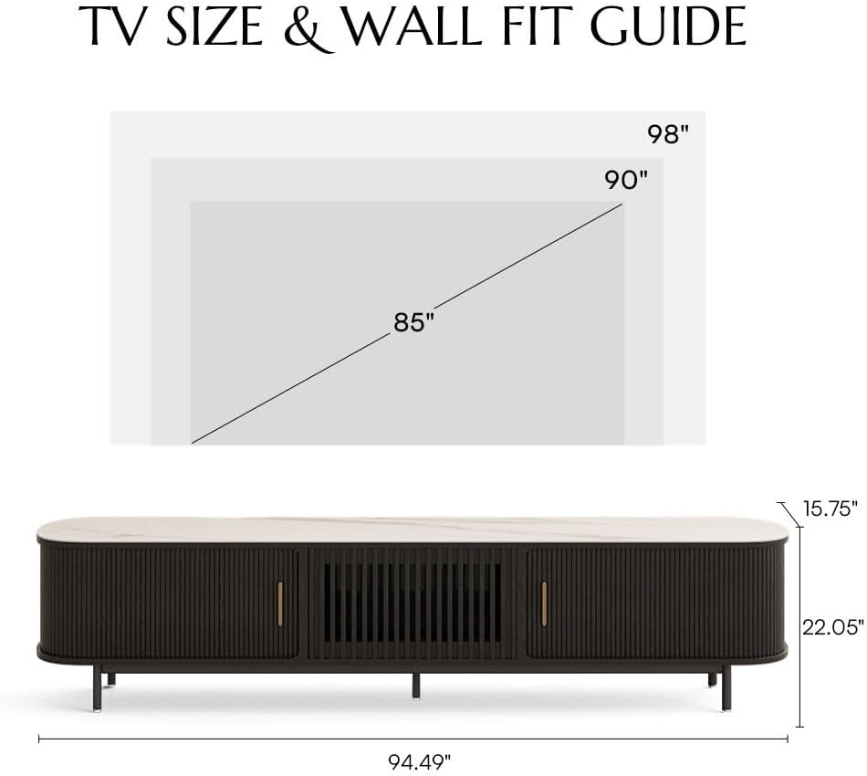 POVISON Fully-Assembled Sliding Tambour Door TV Stand, Mid Century Modern Sintered Stone TV Console, Wood Media Console for 85 Inch TV, Entertainment Center with Storage Cabinet(Black, 94.49')