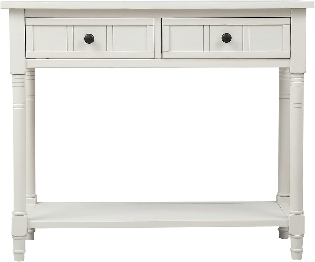 Merax Wood Sofa Table Console Table,Entryway Table Traditional Design with Two Drawers and Bottom Shelf for Living Room,Hallway,Dining Room,Lvory White