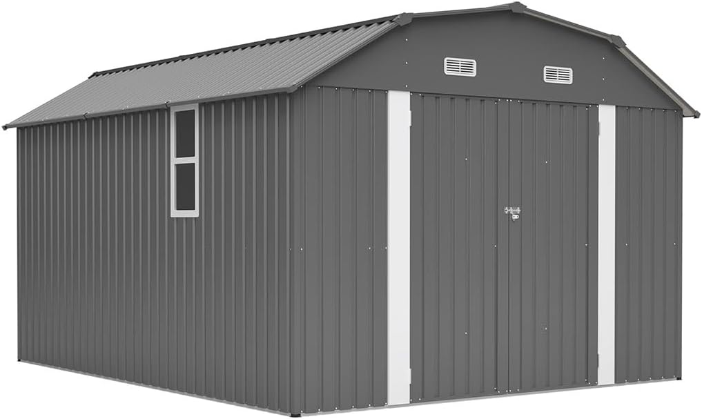 10×12 FT Metal Outdoor Storage Shed with Windows & Vents, Heavy-Duty Steel Garden Shed with Lockable Doors, Waterproof Utility Storage Building with Floor Frame Kit for Backyard, Patio, Lawn,Gray