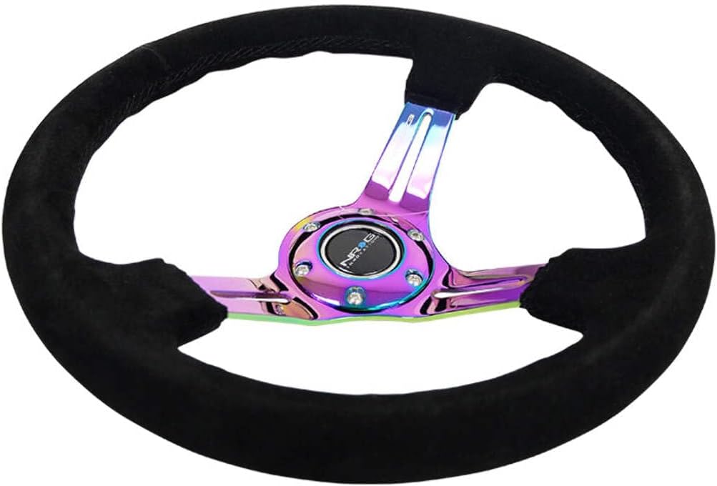 NRG Innovations NRG-RST-018S-MCBS Reinforced Steering Wheel 350mm 75mm Deep Sport Steering Wheel Suede (3' Deep) Black Stitch With Slits In Neochrome Double Riveted Spokes