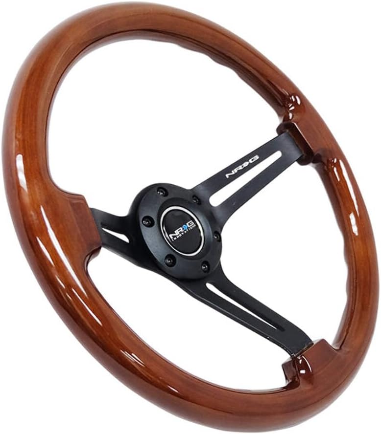NRG Innovations NRG-RST-018BR-BK Reinforced Classic Wood Grain Steering Wheel, 350mm, 75mm Deep, 3 Spoke Slotted Center Black With Brown Painted Wood, Double Riveted Spokes