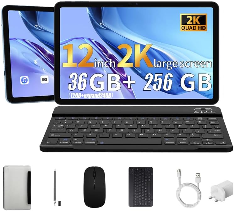 redbeat Tablet 12', 2026 Android 15 Gaming Tablet with Keyboard Pen Case, 36(12+24) RAM 256GB ROM, 2K IPS Display, 13MP Camera, 8-Core, 5G WiFi & Bluetooth 5.0, 8000mAh Battery, 18W Fast Charging