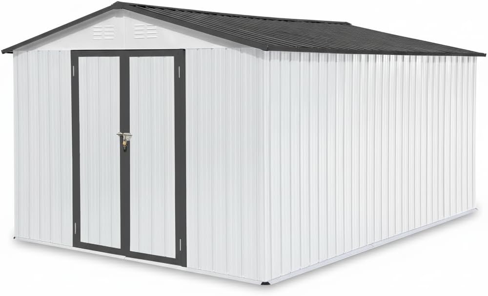 10X12 FT Outdoor Storage Shed, Galvanized Steel Garden Tools Shed with Hinged Door & Padlock, Large Storage Cabinets for Patio, Backyard, Lawn, Garden (White & Gray)