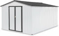 10X12 FT Outdoor Storage Shed, Galvanized Steel Garden Tools Shed with Hinged Door & Padlock, Large Storage Cabinets for Patio, Backyard, Lawn, Garden (White & Gray)