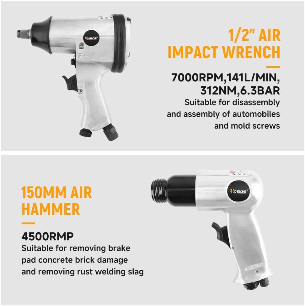 Hoteche 71-Piece Air Tool Kit | 1/2' Single-Hammer Air Impact Wrench (7000RPM), 1/2' Air Ratchet Wrench & Multiple Tools, Blow-Molded Case